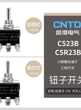 昌得CNTD钮子开关6脚3档C523B双投拨动摇摇头摆臂臂纽子扭子妞15A