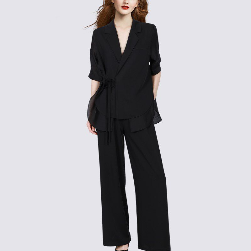 高级感防晒西装套装女夏季雪纺拼接假两件外套高腰阔腿长裤两件套