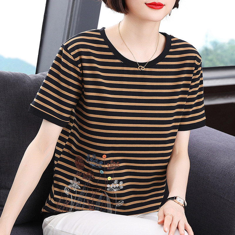 妈妈装2023夏装新款纯棉短袖t恤女中老年大码洋气上衣条纹半袖衫