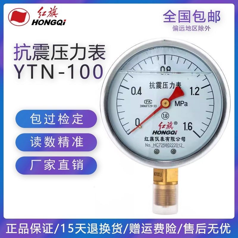厂家直销 红旗仪表 耐震防震抗震压力表YTN-100 0-1MPa充油压力表