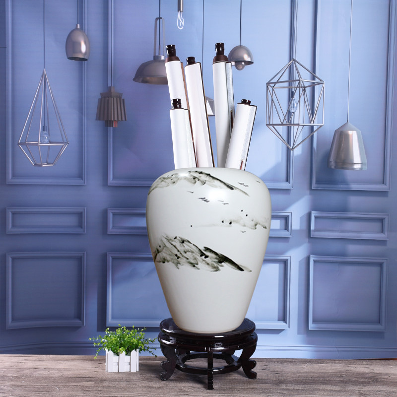 书画缸卷轴缸字画筒花插落地陶瓷大花瓶白色水墨插花装饰古典摆件