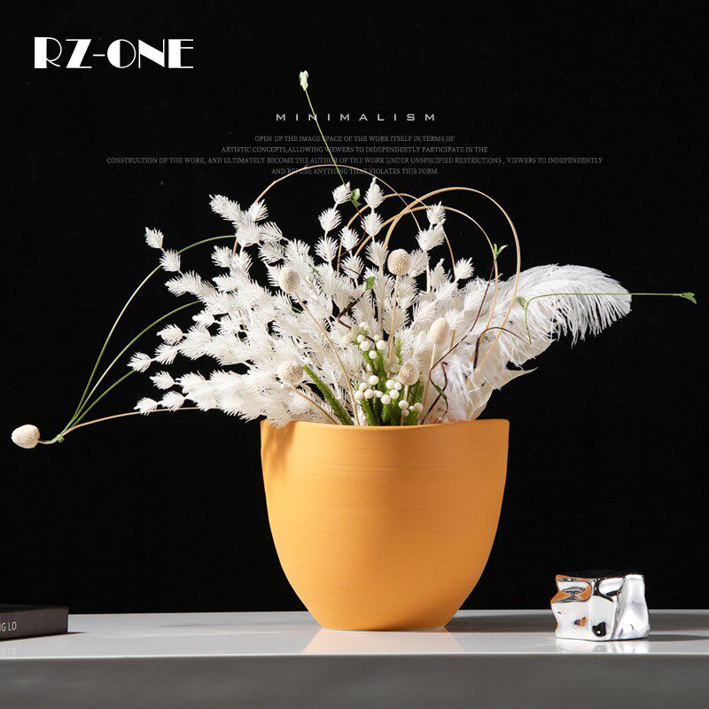 现代简约黄色陶瓷大花盆插花干花样板房会所酒店高档家居软装摆件