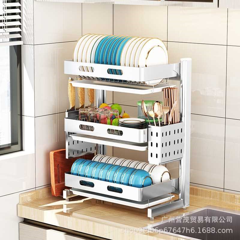 不锈钢沥水碗架厨房置物架碗碟晾碗筷台面三层双层收纳放碗架