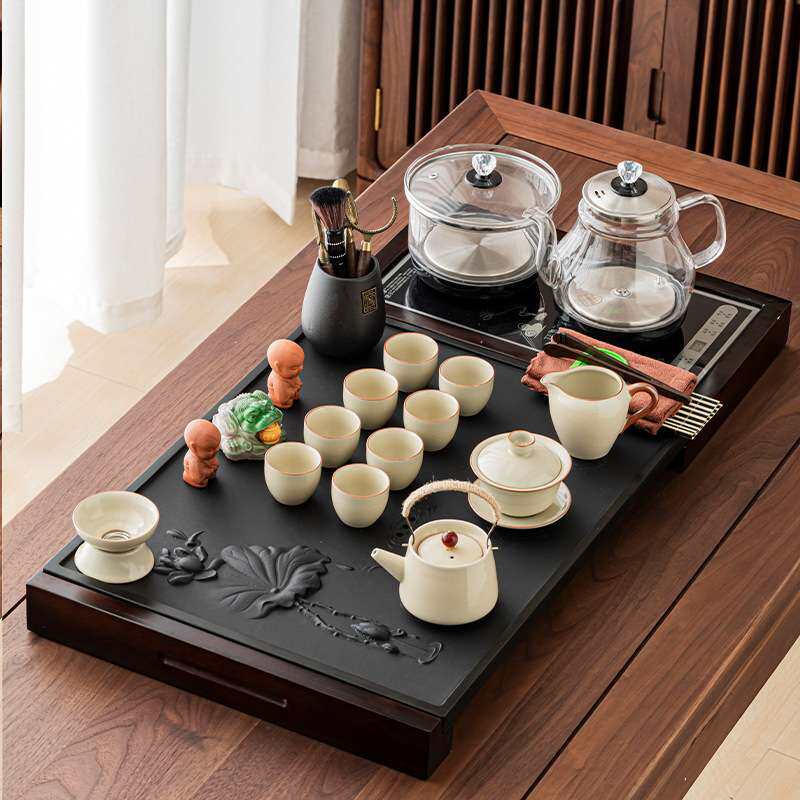 乌金石浮雕实木拼接茶盘四合一玻璃烧水壶茶台陶瓷功夫茶具套装