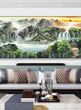 聚宝盆山水画客厅挂画字画办公室装饰风景画国画中堂沙发背景墙画