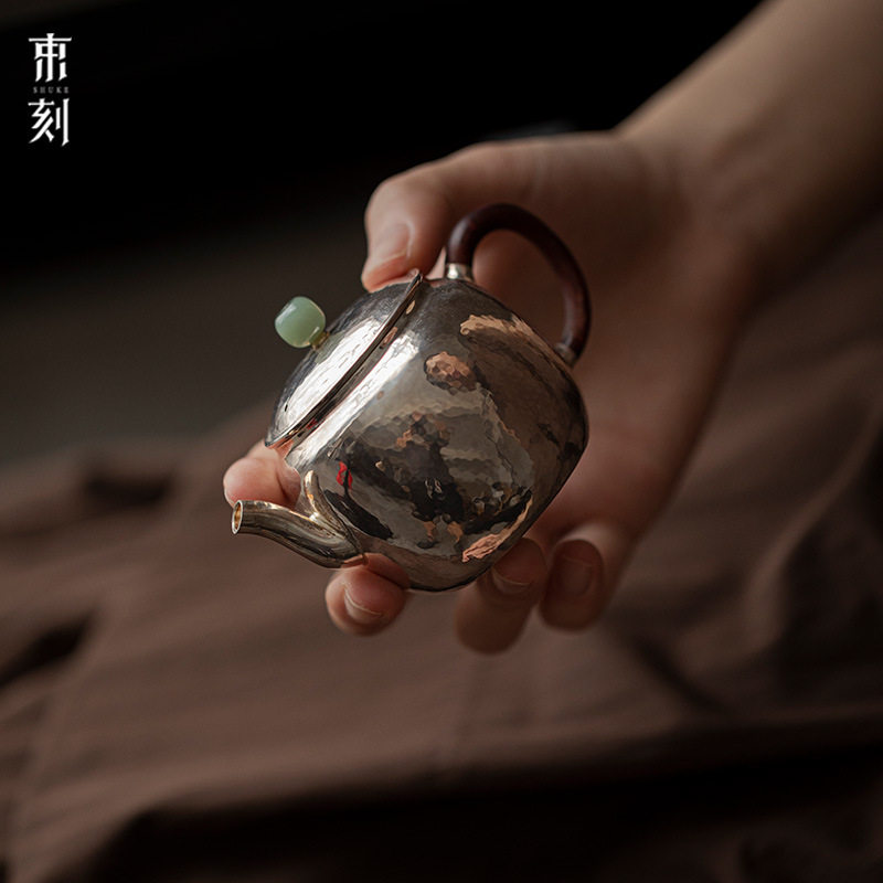 束刻 999足银纯手工锤纹纯银木柄和田玉银壶小壶功夫茶具泡茶壶