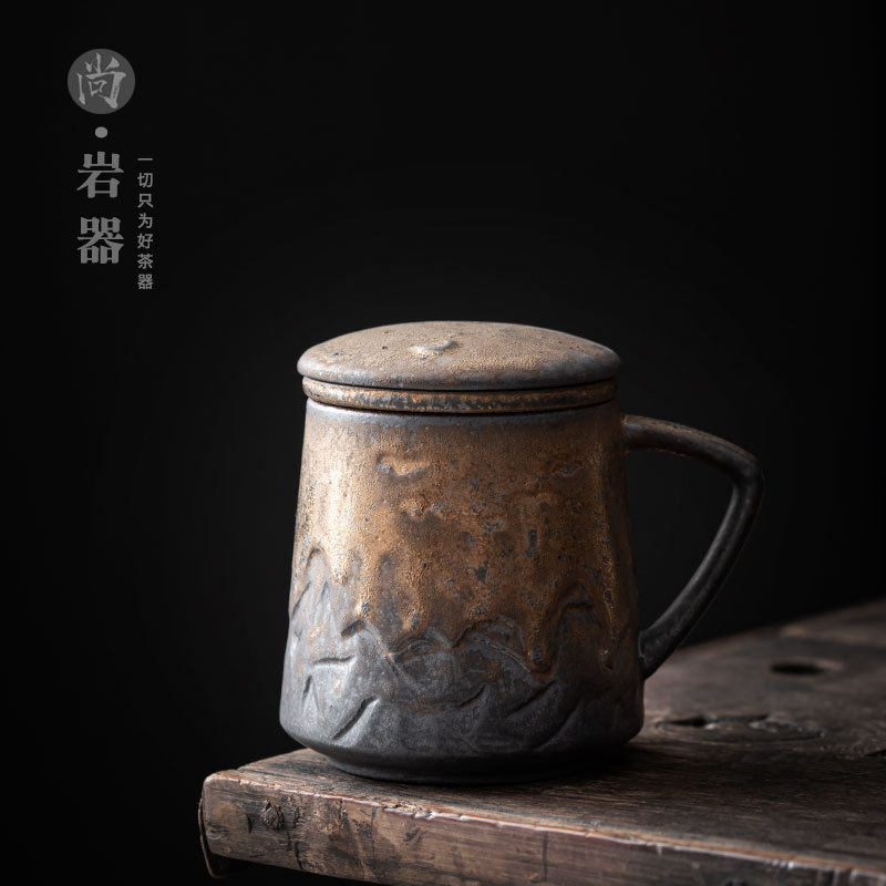 复古陶瓷马克杯商务送礼粗陶水杯带盖茶水分离泡茶杯刻字定制LOGO