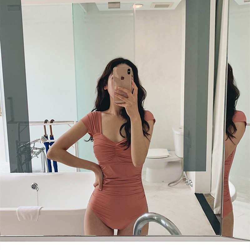 连体泳衣褶皱遮显瘦少女甜美保守遮肚温泉泳装孕妇可X穿度假游泳