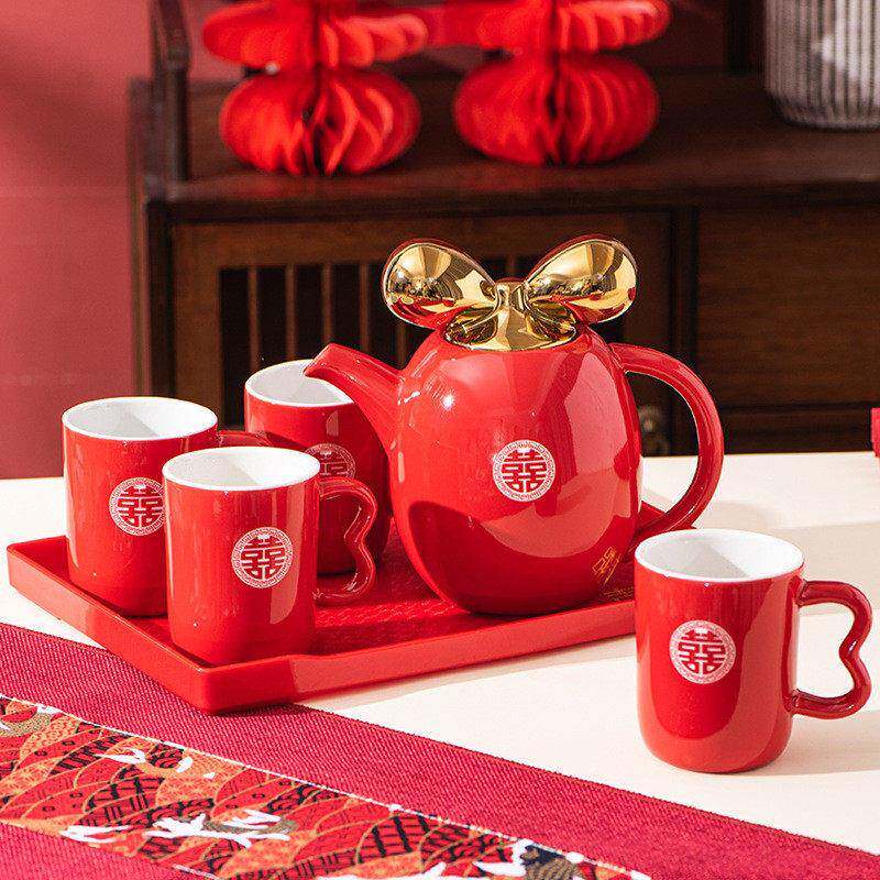 陶瓷喜庆红色茶结婚具套新人20231231改茶杯陪嫁茶壶口装茶杯托盘