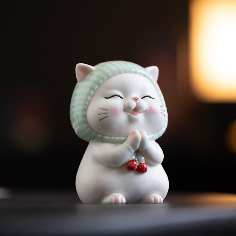 【许愿猫】可爱小猫摆件手工陶瓷家F居装饰品卡通动物玄关桌面摆