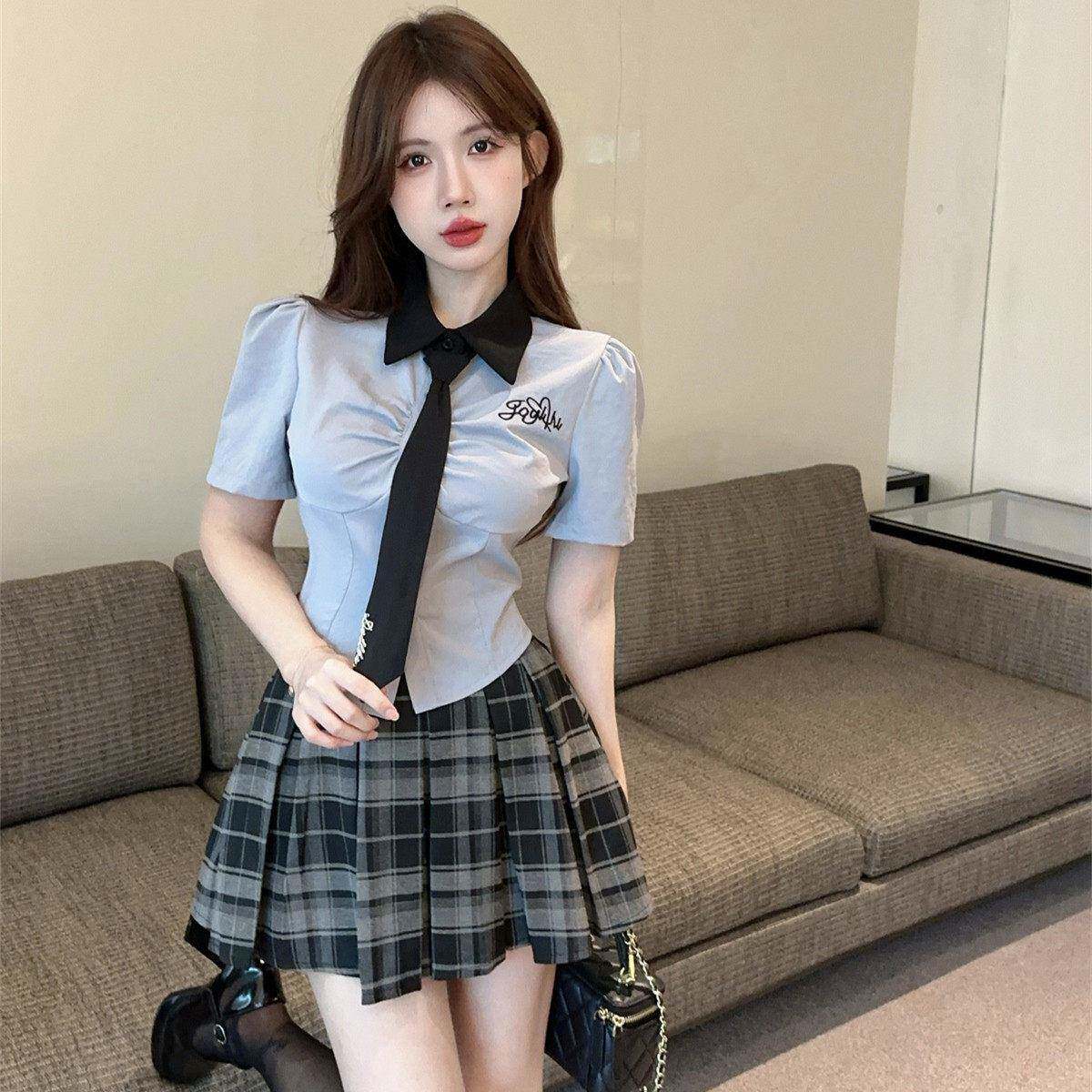 业3301058足浴技师服夏装衬色衫百褶裙套装会所工作服显蓝白年轻