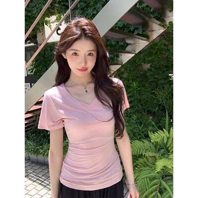 alex stevens舒适区 正肩V领短袖修身显瘦T恤女25夏季短款上衣