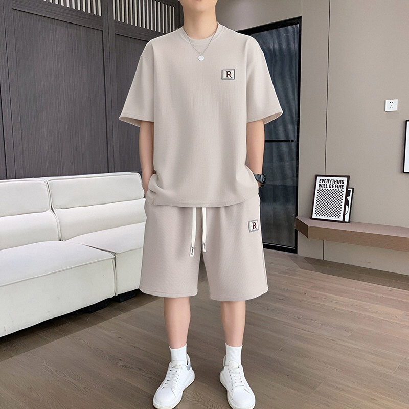 男士休闲套装夏季宽松透气短袖t恤韩版时尚潮流男装运动一套搭配