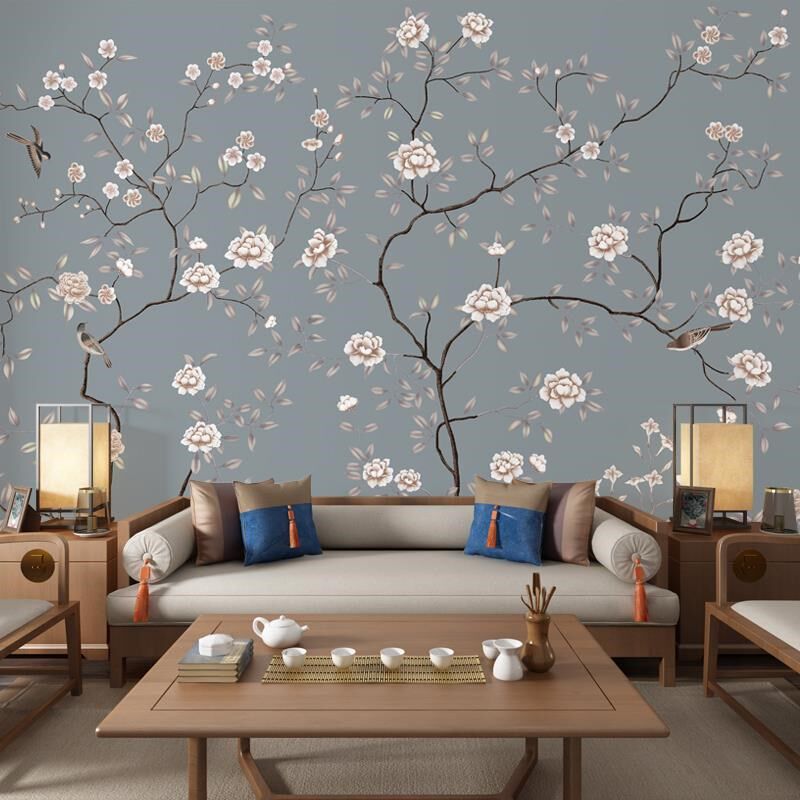 华琴中式花鸟田园碎花壁画床头卧室沙发背景墙壁纸无纺布墙纸墙布