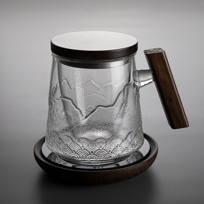 耐热玻璃杯办公室茶水分离泡茶杯带盖大容量水杯保温底座加热杯垫
