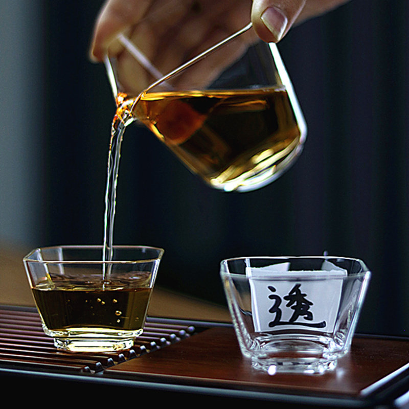 日式高透玻璃品茗杯耐热透明功夫小茶杯四方主人杯单只小茶盅图片