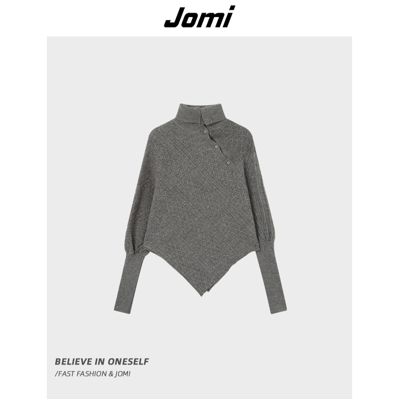 JOMI秋冬高领纽扣菱形纹针织衫女上衣J82FS3077