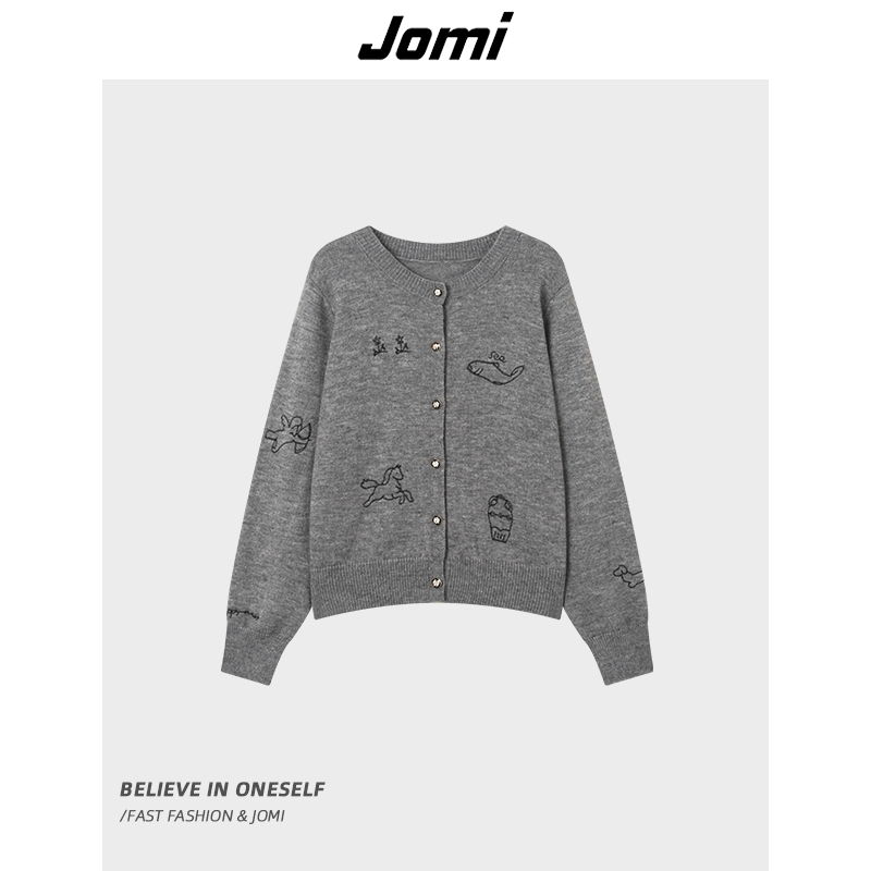《仙仙专属》JOMI卡通刺绣针织开衫女减单排扣上衣J82FS198