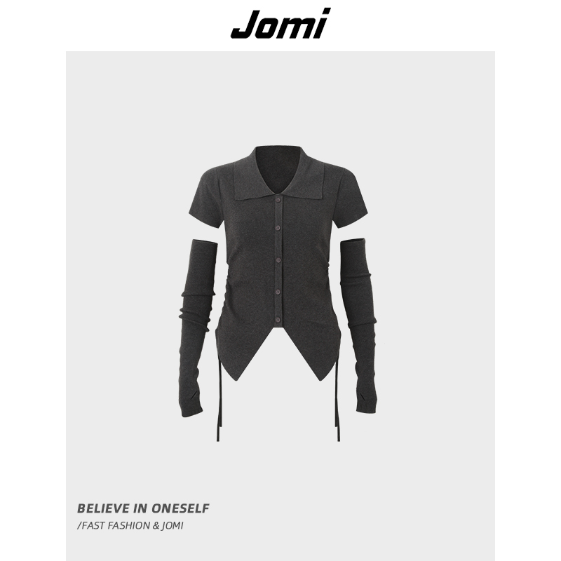 《仙仙专属》JOMI翻领短袖系带针织开衫女可拆卸袖套J82FS3072