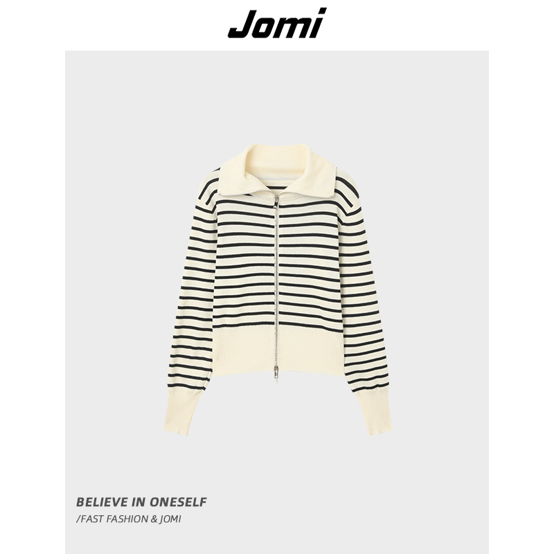 【D哥专享】JOMI秋冬条纹翻领拉链针织开衫女短款复古上衣