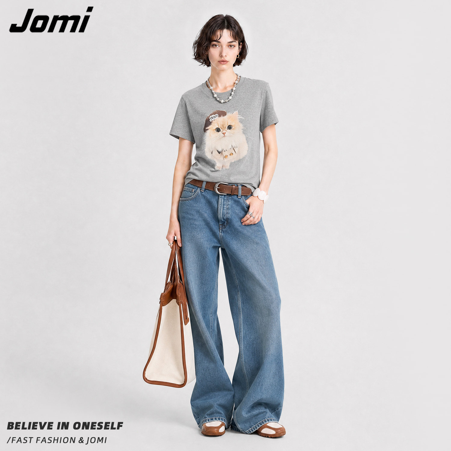 【雪欧尼粉丝专享】JOMI猫咪短袖T恤女士夏季短款圆领套头上衣