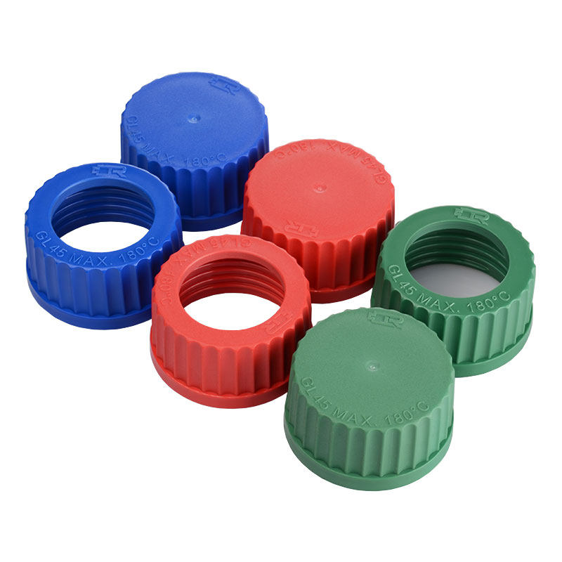 GL45蓝盖试剂瓶盖实心盖PBT材质耐温180度顶空开孔盖红色丝口瓶盖