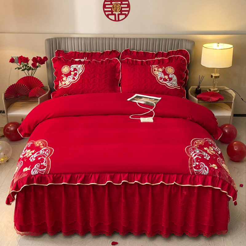 婚庆水洗棉喜庆四件套中式大红C色床单刺绣被套结婚房床上用品