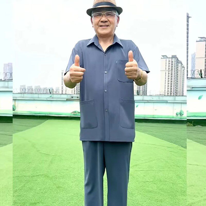 春季中老年男士多口袋套装爸爸薄款长袖衬K衫松紧腰长裤夏季爷爷