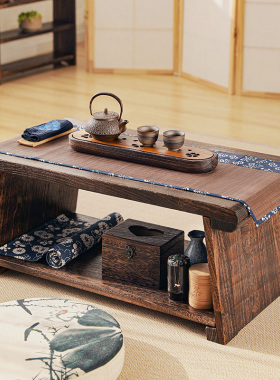 实木中式茶桌飘窗小茶台家用榻榻米茶几可折叠P插板桌阳台移动矮