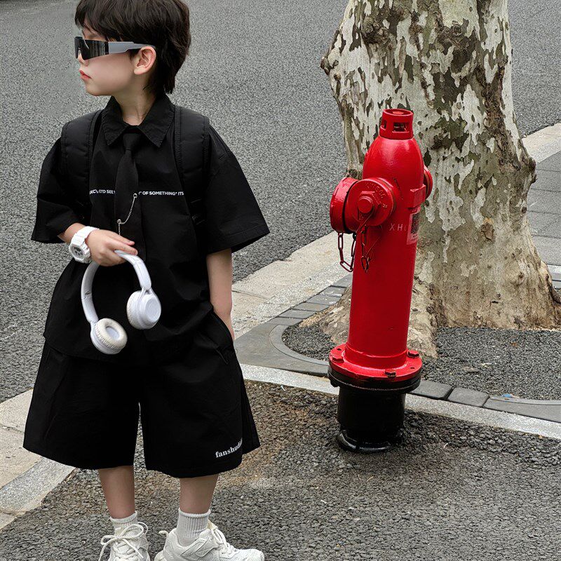 泰如2025夏季新款儿r童韩版洋气纯色两件套男童时尚休闲衬衫套装