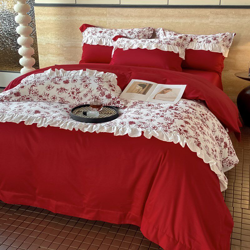 法式100支婚嫁长绒棉结婚四件套红色被L套新婚庆床上用品婚房4