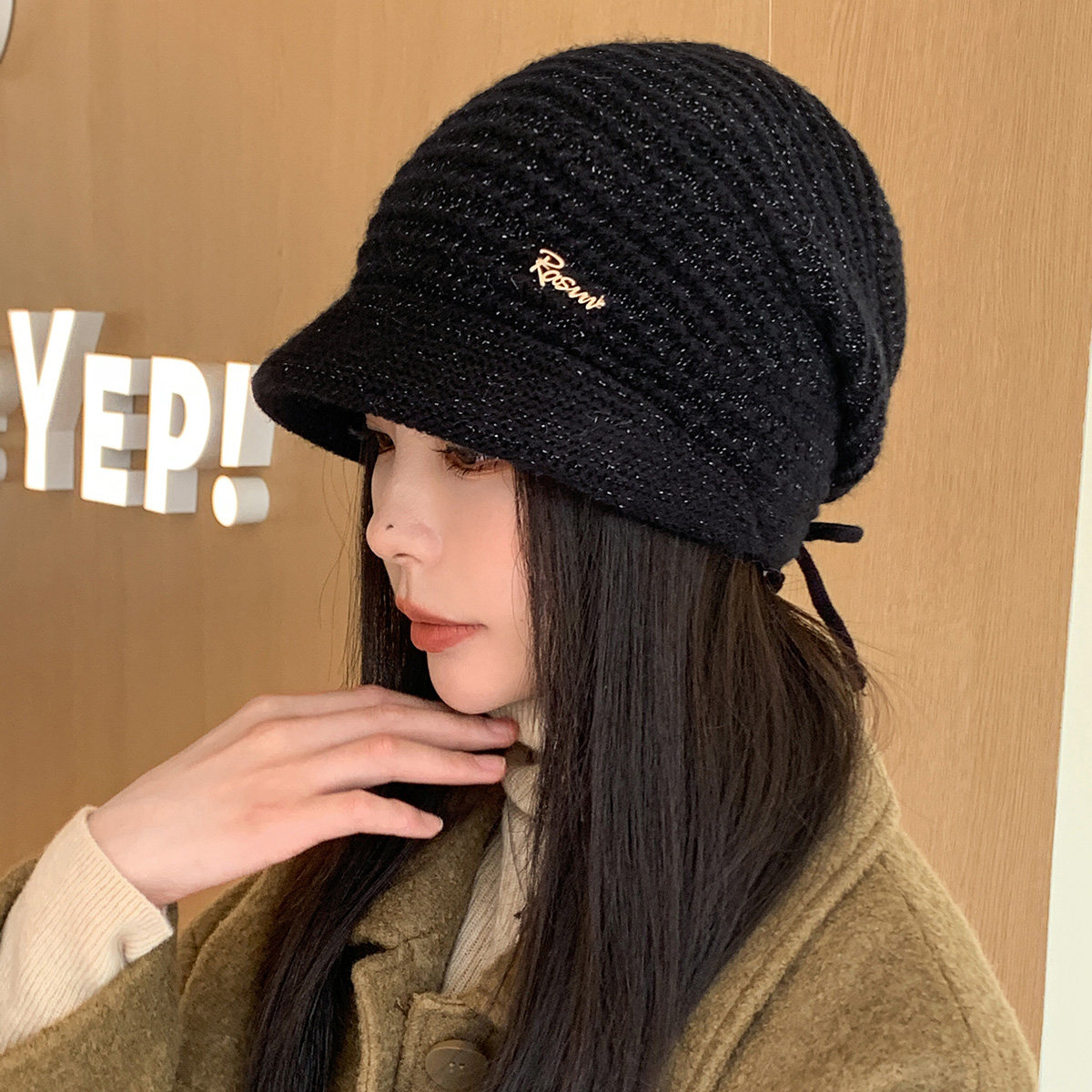加厚保暖针织毛线堆堆帽子女2024新款短檐显脸小护耳包头月子帽冬