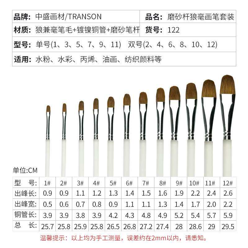 TRANSON/中盛 122透明磨砂杆狼毫水粉笔水粉套装笔油画笔美术成人