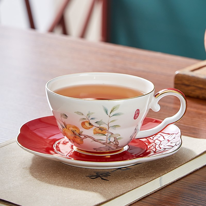 迈卡伦 轻奢骨瓷杯子咖啡杯中式下午茶杯碟简约金边花茶杯家用