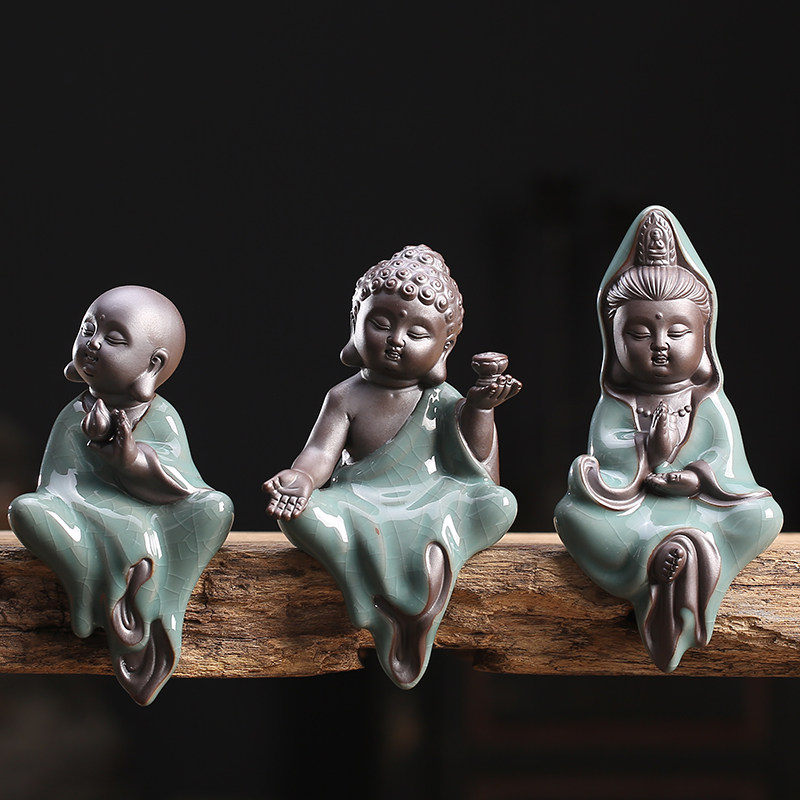 哥窑开片陶瓷人物小如来观音佛像摆件 家居博古架园艺装饰品摆设