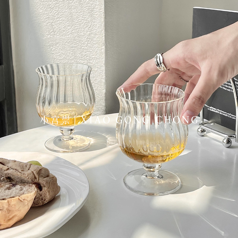 ins风竖纹矮脚杯小众高级感玻璃杯酒杯家用香槟杯红酒杯葡萄酒杯