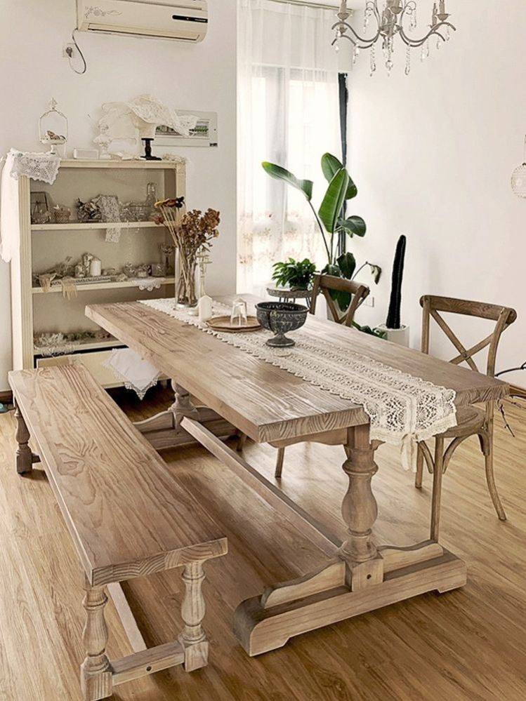 美式乡村餐桌复古做旧长桌实木家用客厅罗马柱桌子法式餐厅吃饭桌