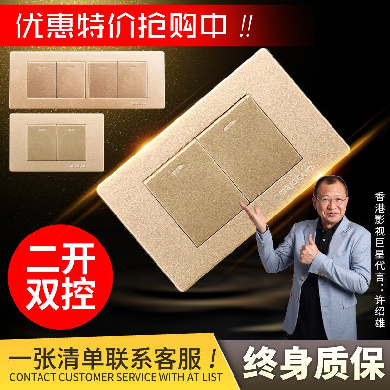 118型墙壁开关插座面板二位两开二开双控双联香槟金长方形开关