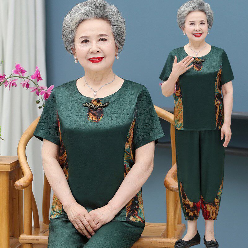 中老年人夏装真丝套装女奶奶唐装两件套妈妈短袖T恤老人太太衣服