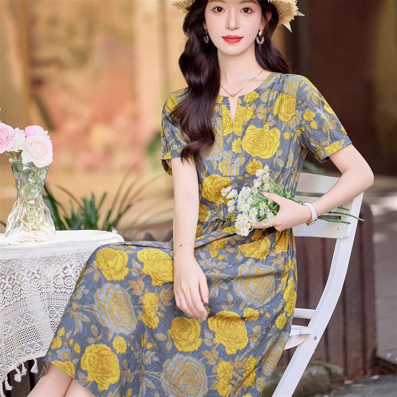 高端棉麻碎花连衣裙夏天薄款高级感复古收腰显瘦气质短袖印花裙子