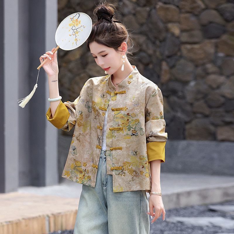 新中式国风开衫改良旗袍唐装外套女2024年春秋新款羽绒服盘扣上衣