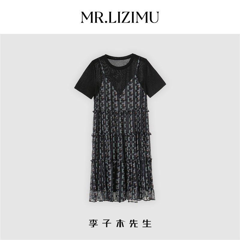 李子木夏季休闲印花短袖连衣裙女假两件宽松拼接遮肚显瘦吊带裙子