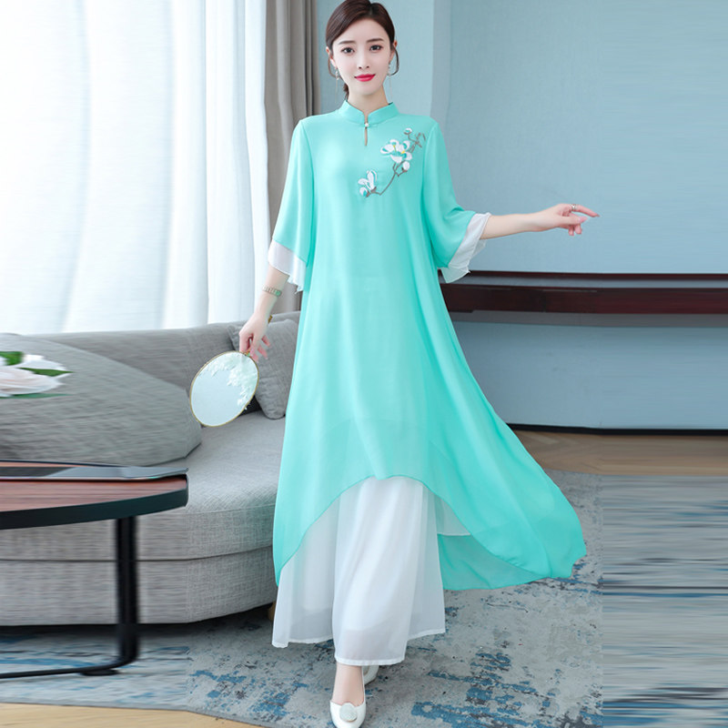 禅意女装茶艺裙中国风唐装套装两件套夏汉服改良旗袍上衣复古茶服