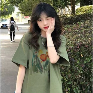牛油果绿色美式短袖t恤女2024夏季新款设计感宽松港味复古上衣潮