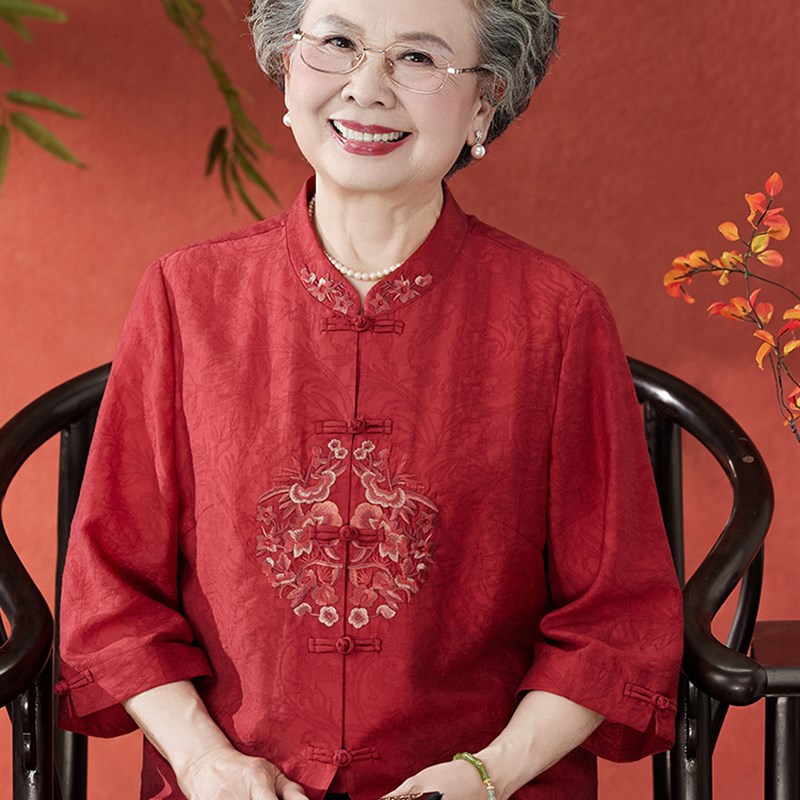 老年人夏装奶奶唐装绣花衫中老年母亲夏装民族风喜庆婚庆寿衣
