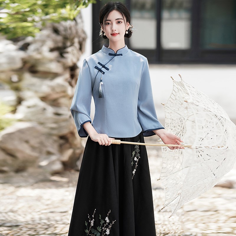 秋季新中式民国风唐装女旗袍茶服两件套装可上班采耳茶艺工作汉服