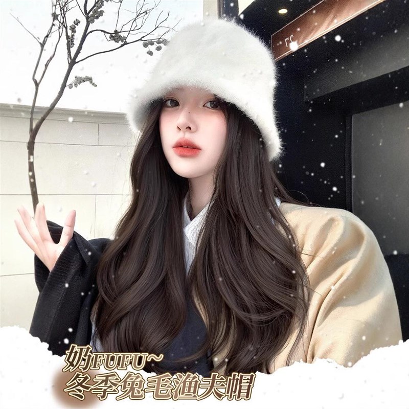 帽子假发一体女换季新款时尚秋冬兔毛渔夫帽全头套式整顶假发帽子