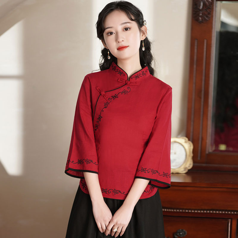 秋冬民国复古红色唐装女汉服中国风改良旗袍上衣古典演出茶服套装