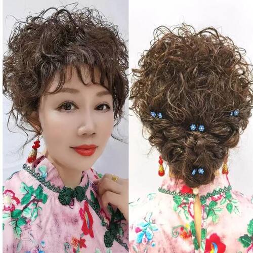 盘发假发真人发旗袍2023真发新款女新娘盘头喜婆婆气质真发全头套