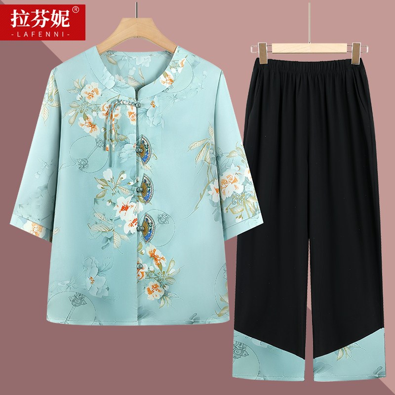 妈妈夏装中袖套装老太太开衫国风唐装大码衣服女奶奶绣花两件套薄